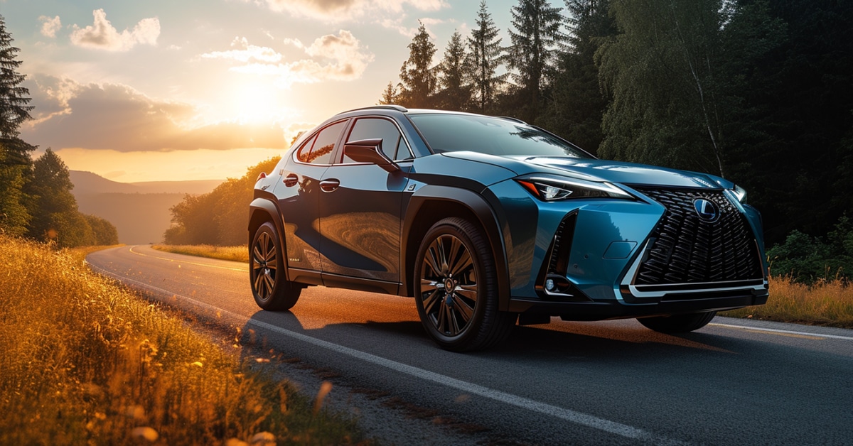 Blue Lexus UX 200 driving on a country road at sunset