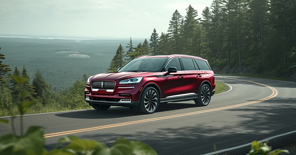 Red Lincoln Aviator driving on scenic mountain highway