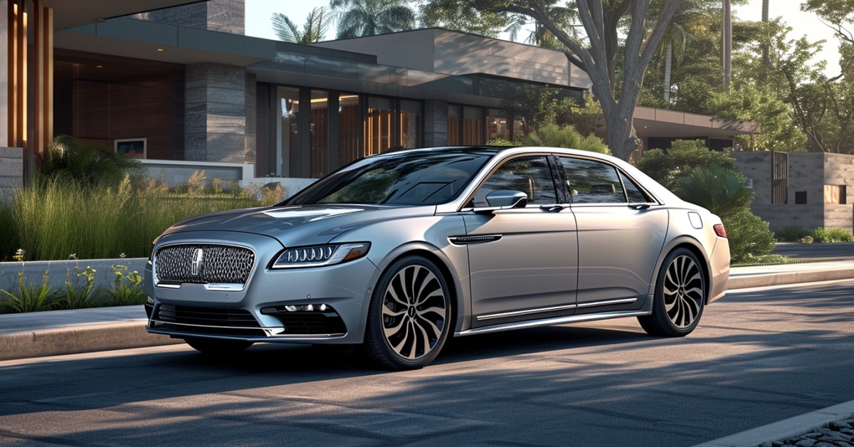 Silver Lincoln Continental parked on street in front of modern upscale home