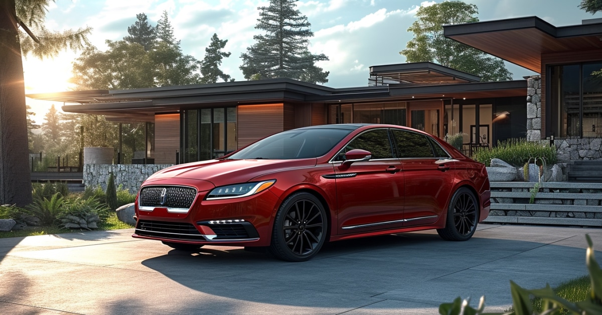 Red Lincoln MKZ parked in driveway of luxury mountain home in late afternoon sun