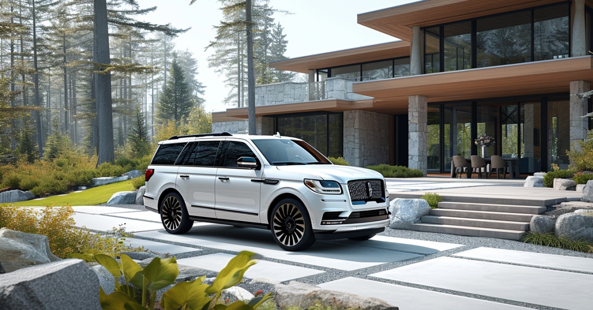 White Lincoln Navigator parked in front of luxury home