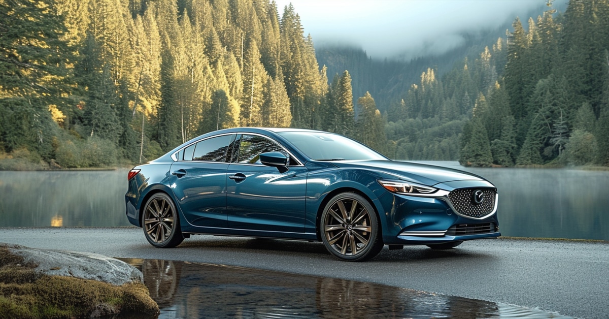 Mazda 6 parked at scenic Oregon mountain lake