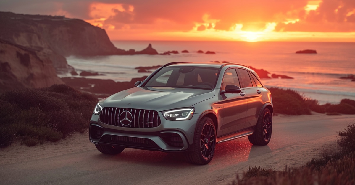 Mercedes-Benz AMG GLC63 parked on beach at sunset