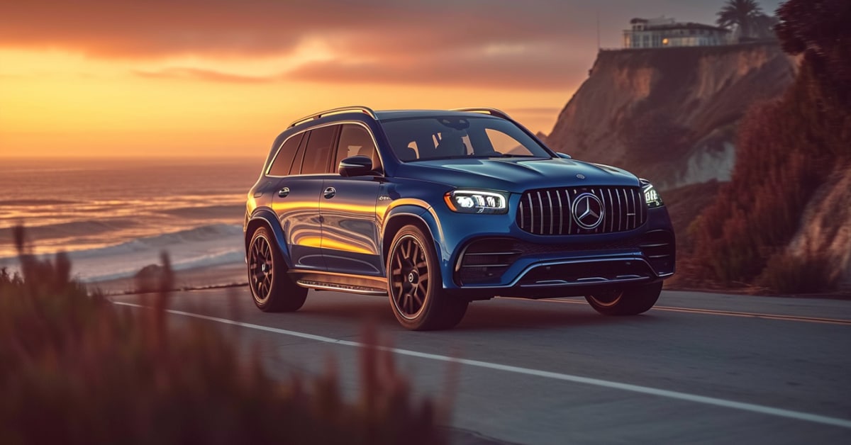 Mercedes-Benz AMG GLS63 driving on coast at sunset