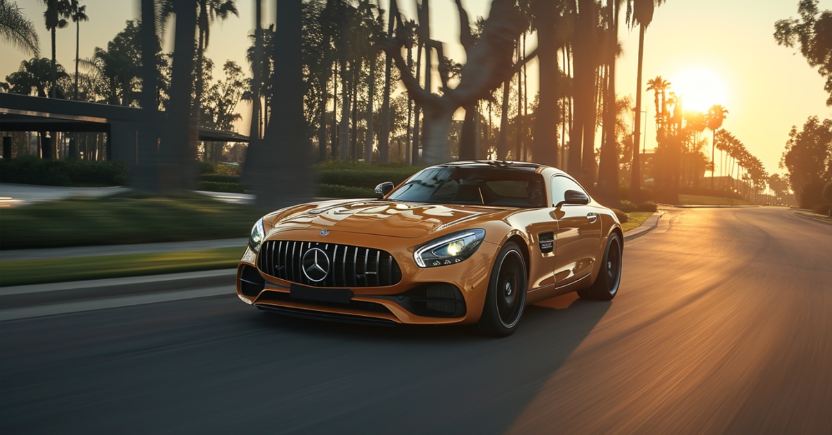 Mercedes-Benz AMG GT driving fast on highway at sunset