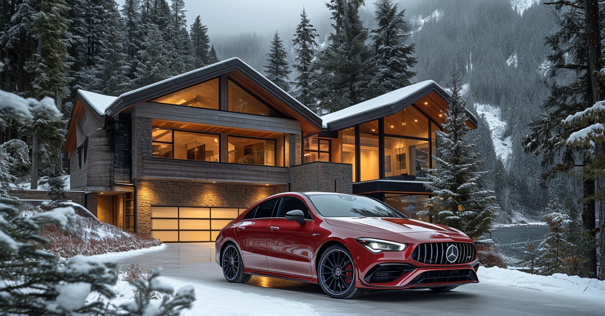 Red Mercedes-Benz CLA250 parked in driveway of mountain home in winter