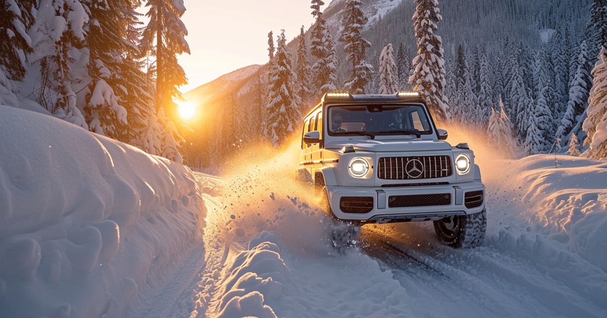 Mercedes-Benz G550 driving through heavy mountain snow at sunrise