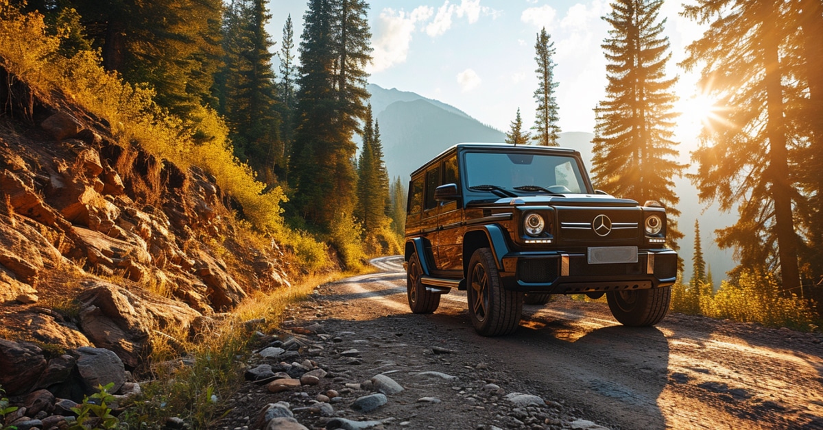 Mercedes-Benz G63 AMG climbing a rocky dirt mountain trail with the sun glistening between the trees