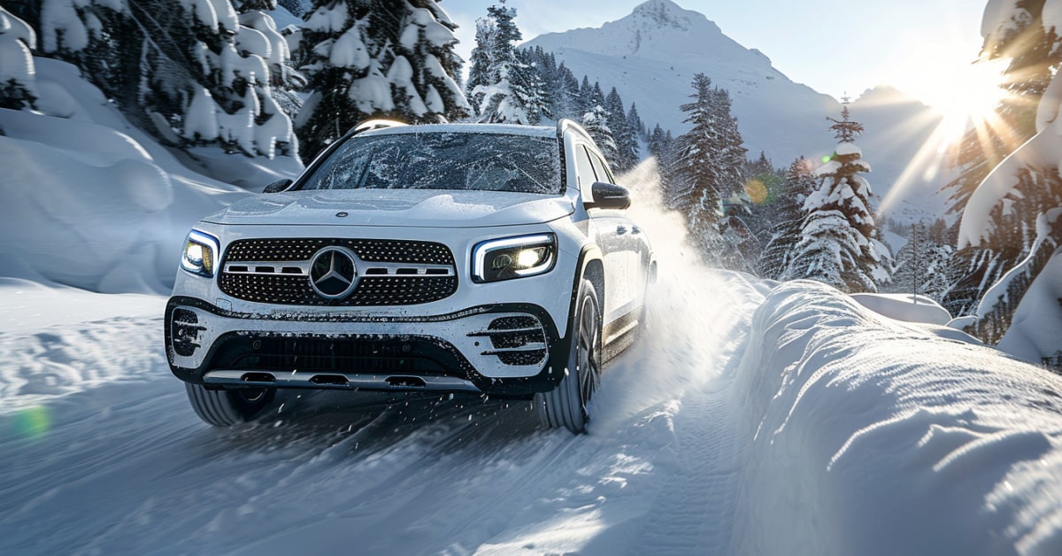 White Mercedes-Benz GLB 250 driving on snow-covered mountain road at sunrise