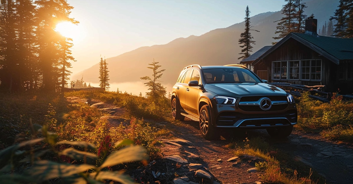 Mercedes-Benz GLE 400 parked in front of a mountain cabin with beautiful sunrise