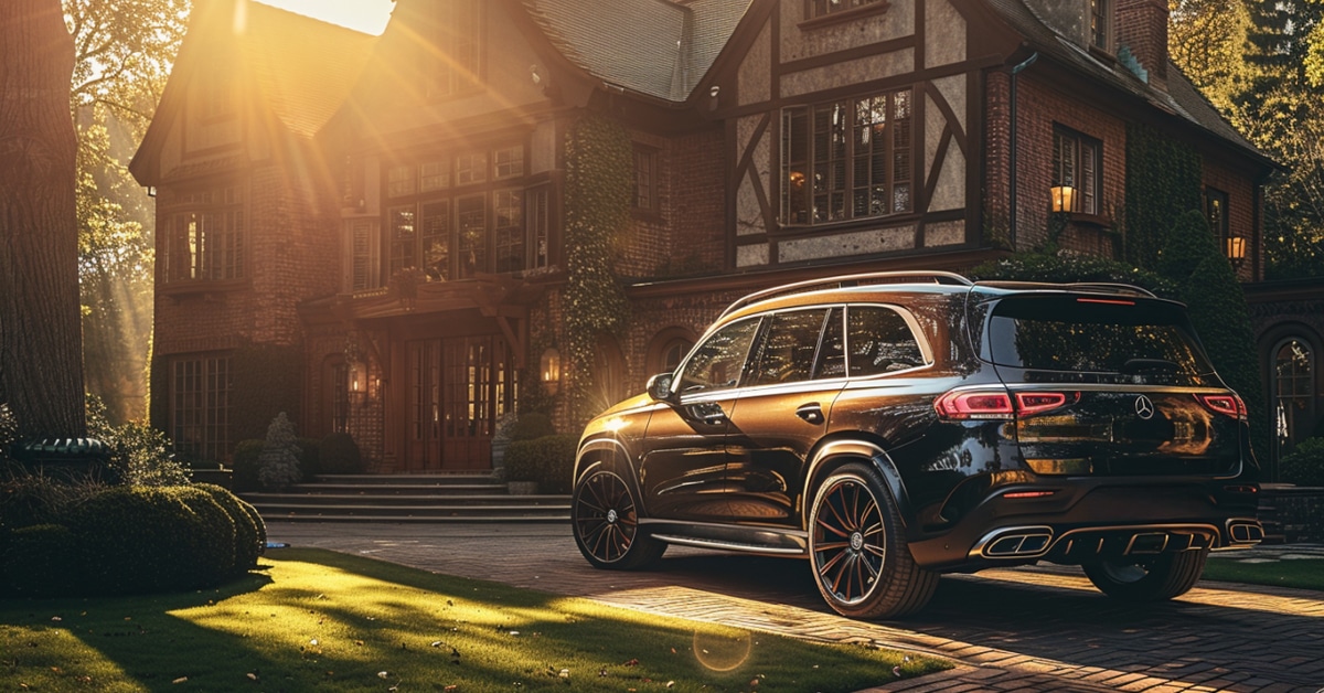 Mercedes-Benz Maybach GLS 600 parked in driveway of luxury home