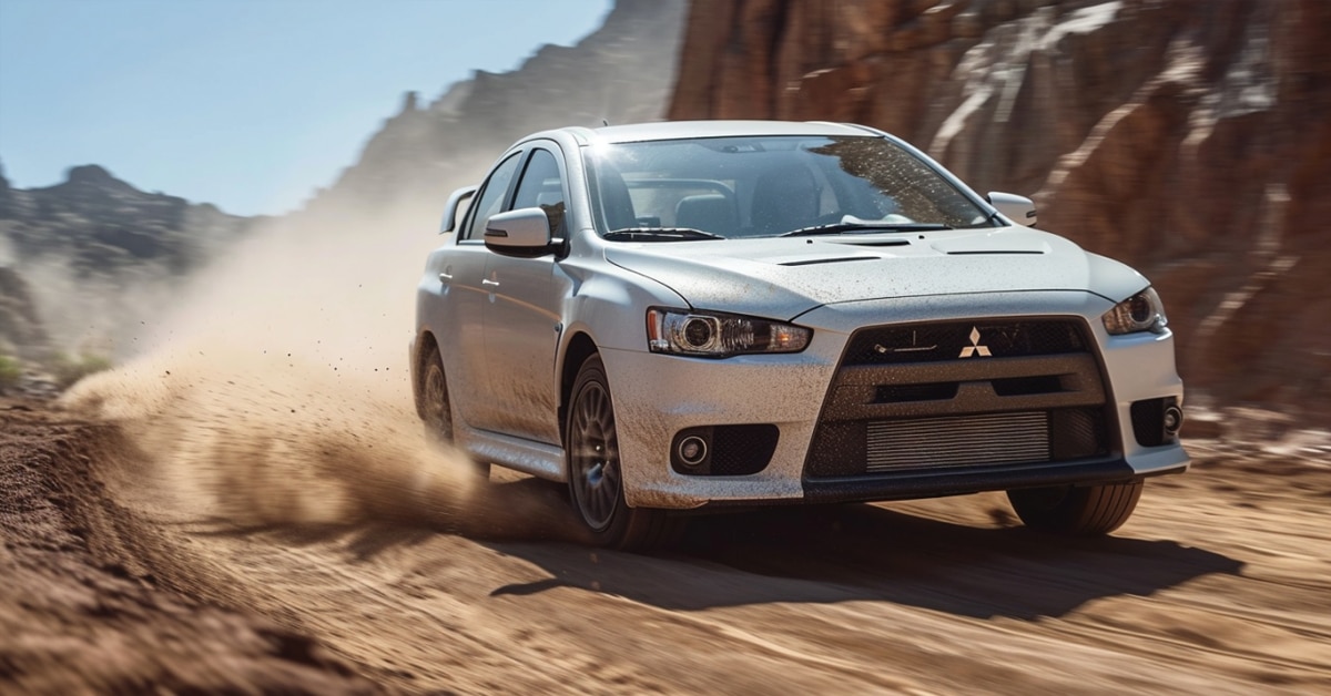 Mitsubishi Lancer cornering fast on a dirt road