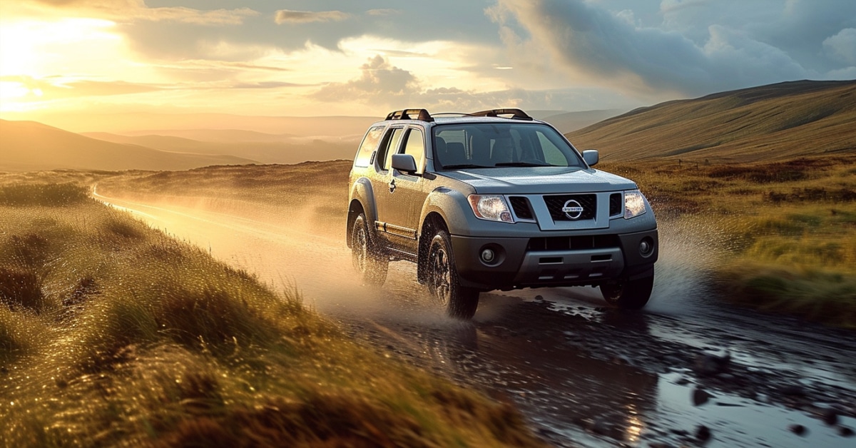 Nissan Xterra driving on wet country road at sunset