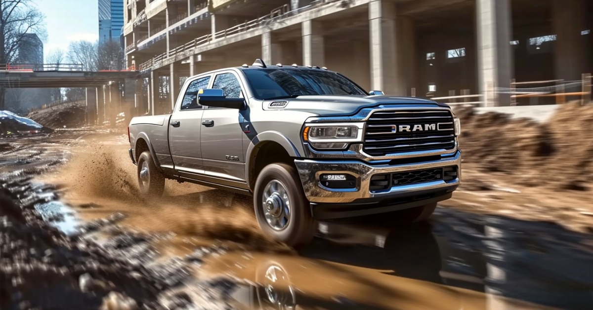 Ram 3500 heavy-duty pickup driving through mud at a commercial construction site