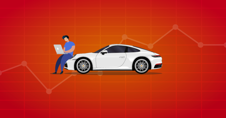 Side-by-side comparison of a sports car and a family sedan with insurance rate icons