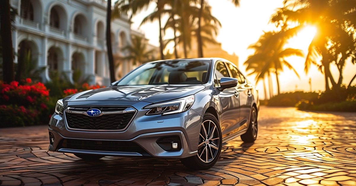 Silver Subaru Legacy parked on a decorative brick driveway in front of a luxury mansion and sunset
