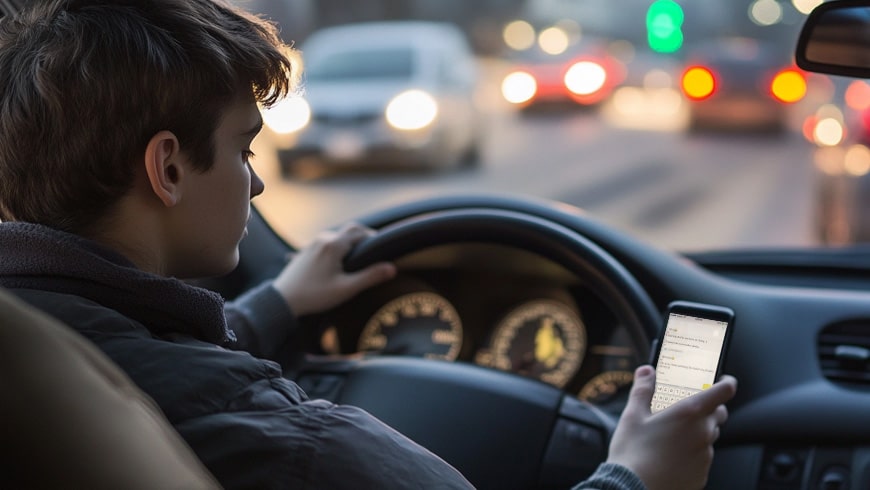 teen driver texting while driving in heavy city traffic
