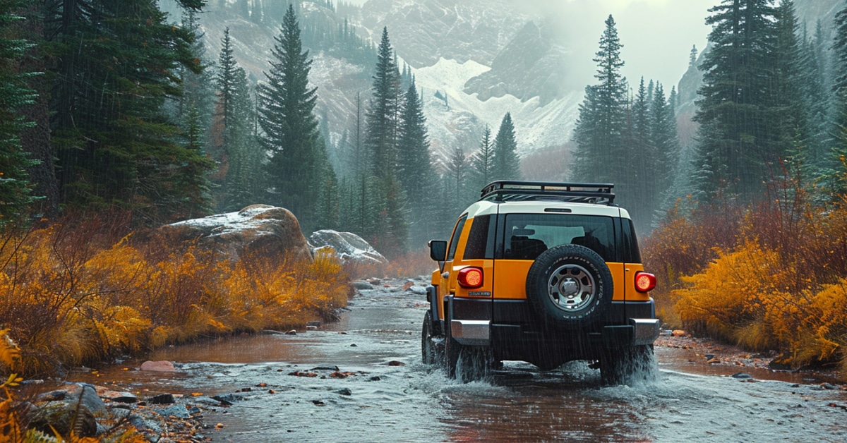 Toyota FJ Cruiser driving through mountain stream