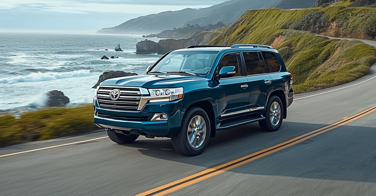 Blue Toyota Land Cruiser driving on a west coast highway