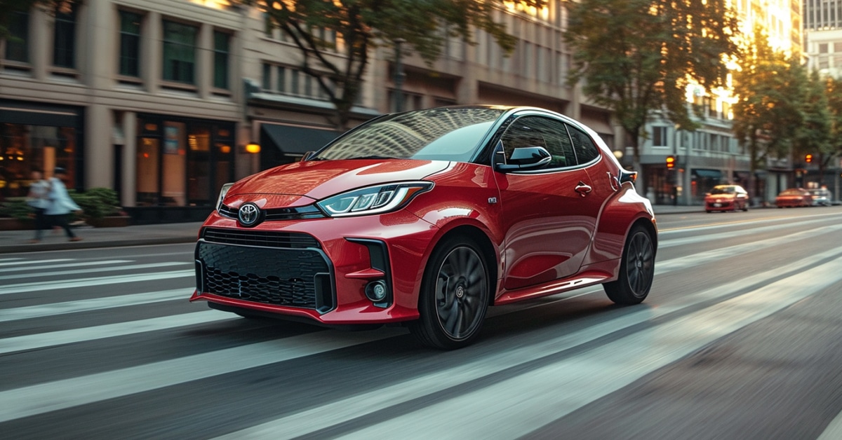 Red Toyota Yaris driving on city street on a summer day