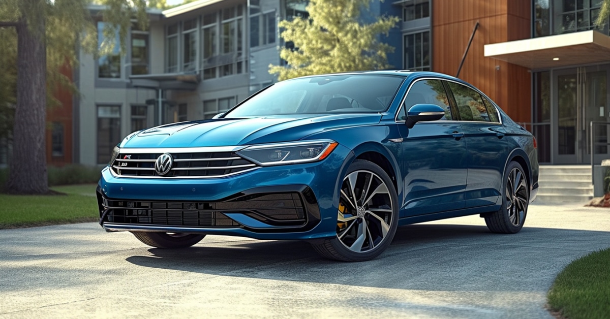 Blue Volkswagen Passat parked in front of an elementary school