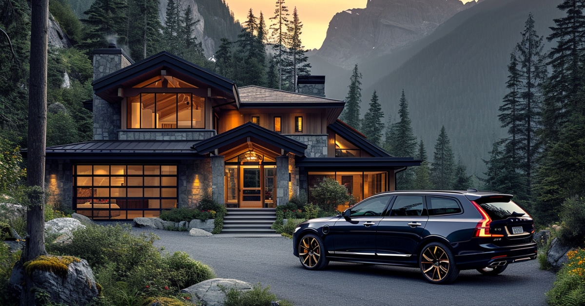 Volvo V90 parked in front of mountain home at dusk