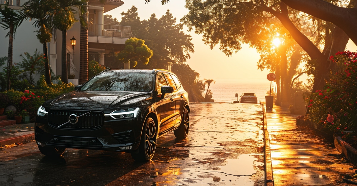 Photo of a black Volvo XC60 driving down residential street in the morning
